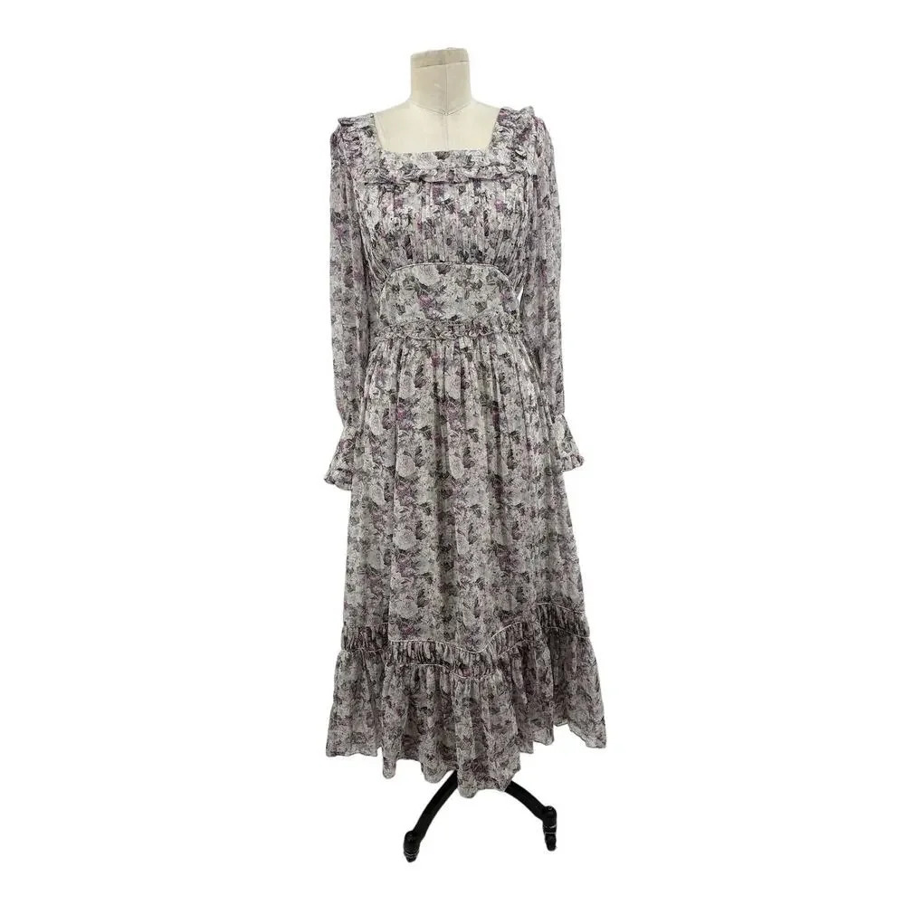 Ivy City Co Long Sleeve Gray Purple Floral Maxi Dress Size Small - Picture 2 of 14